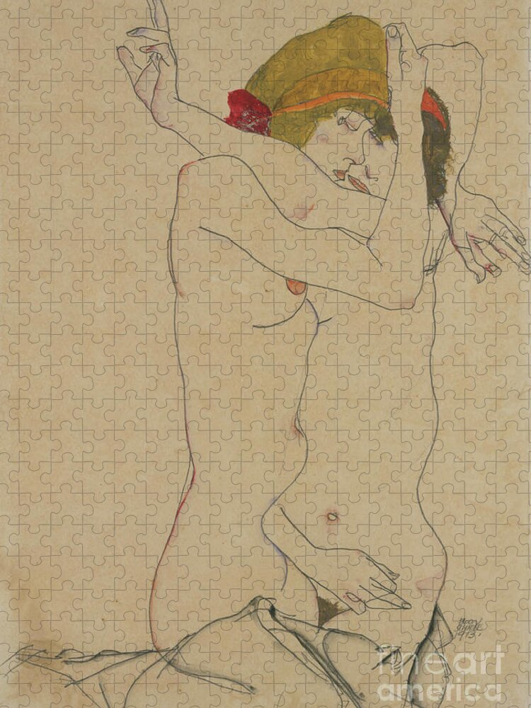 Egon Jigsaw Puzzle featuring the drawing Two Women Embracing, 1913 by Egon Schiele