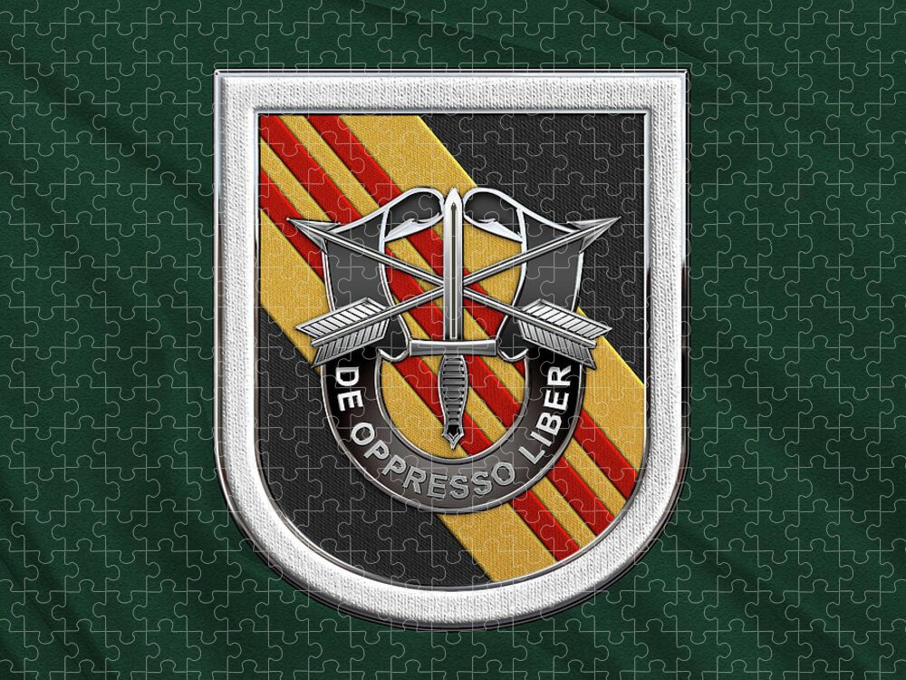 'u.s. Army Special Forces' Collection By Serge Averbukh Jigsaw Puzzle featuring the digital art U. S. Army 5th Special Forces Group Vietnam - 5 S F G Beret Flash over Green Beret Felt by Serge Averbukh
