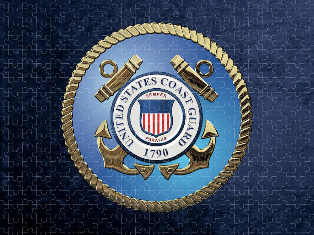 'military Insignia & Heraldry 3d' Collection By Serge Averbukh Jigsaw Puzzle featuring the digital art U. S. Coast Guard - U S C G Emblem over Blue Velvet by Serge Averbukh