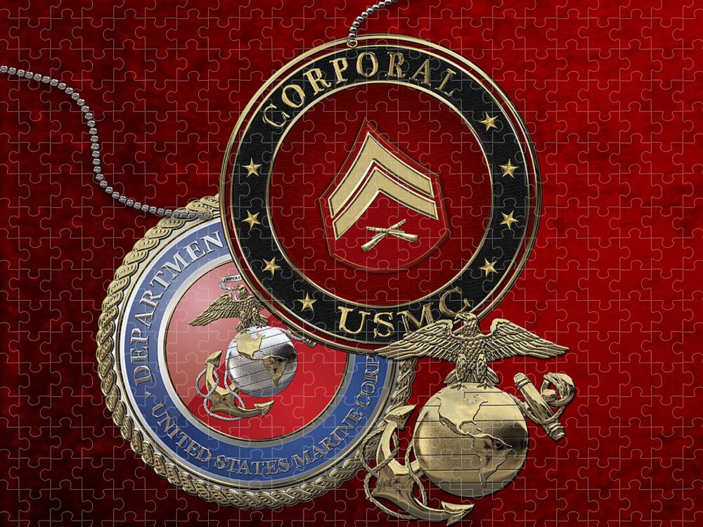 �military Insignia 3d� By Serge Averbukh Jigsaw Puzzle featuring the digital art U. S. Marines Corporal Rank Insignia over Red Velvet by Serge Averbukh