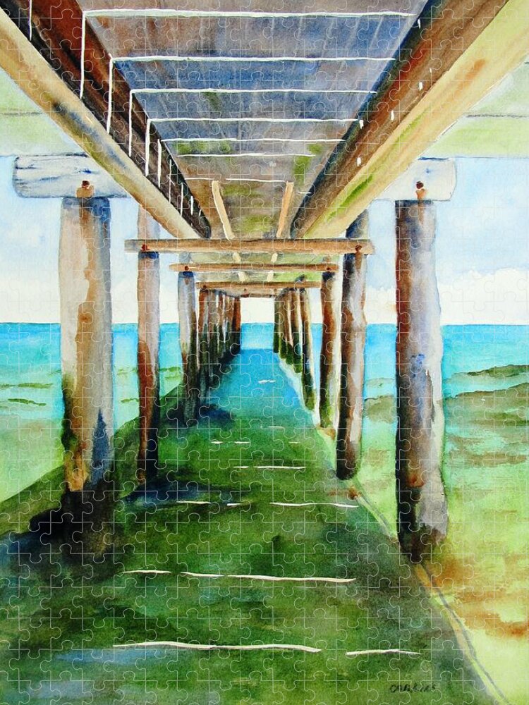 Pier Jigsaw Puzzle featuring the painting Under the Playa Paraiso Pier by Carlin Blahnik CarlinArtWatercolor