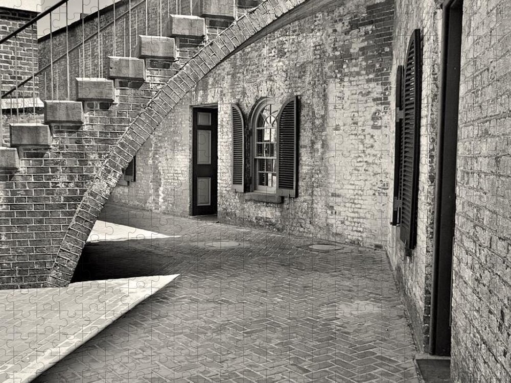 Under The Stairs At Fort Macon Black And White Jigsaw Puzzle featuring the photograph Under The Stairs At Fort Macon Black And White by Lisa Wooten