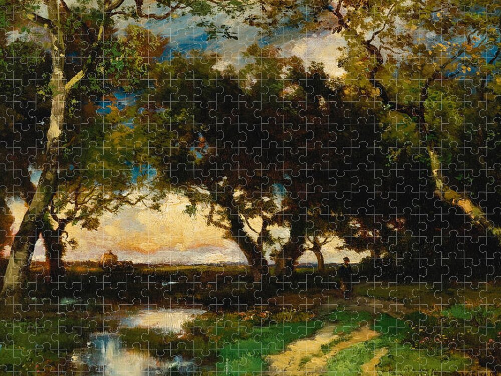 Thomas Moran Jigsaw Puzzle featuring the painting Under the Trees by Thomas Moran
