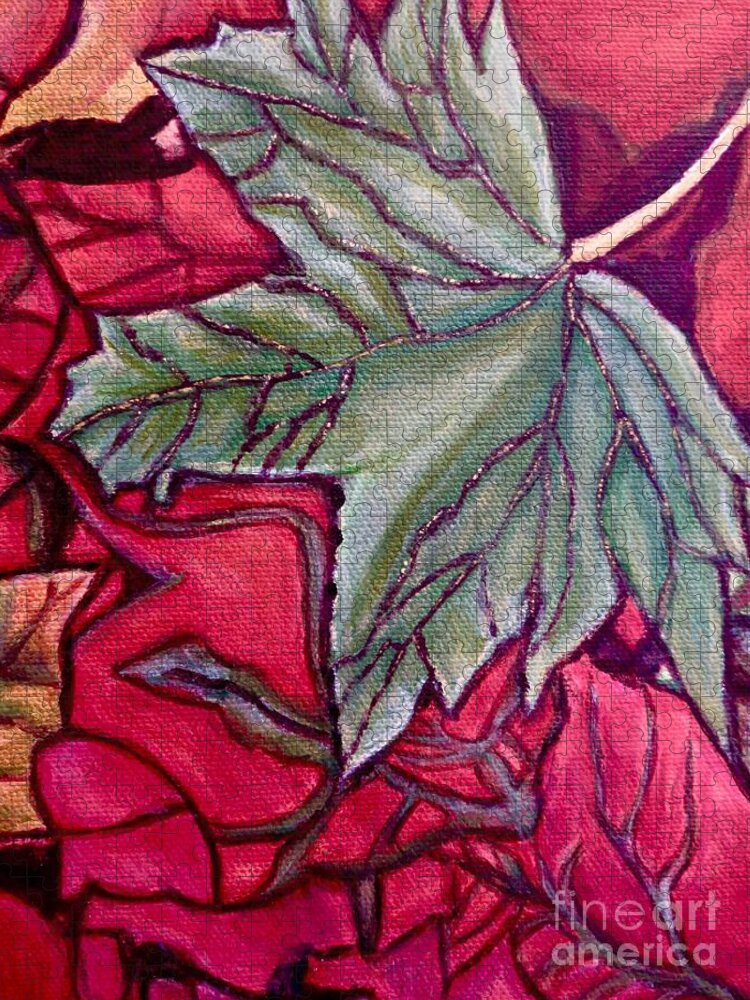 Nature Scene Detail Of The Underside Of A Green Maple Leaf Flipped Up-close Acrylic Painting Jigsaw Puzzle featuring the painting Understudy of a Fallen Green Maple Leaf in the Fall by Kimberlee Baxter