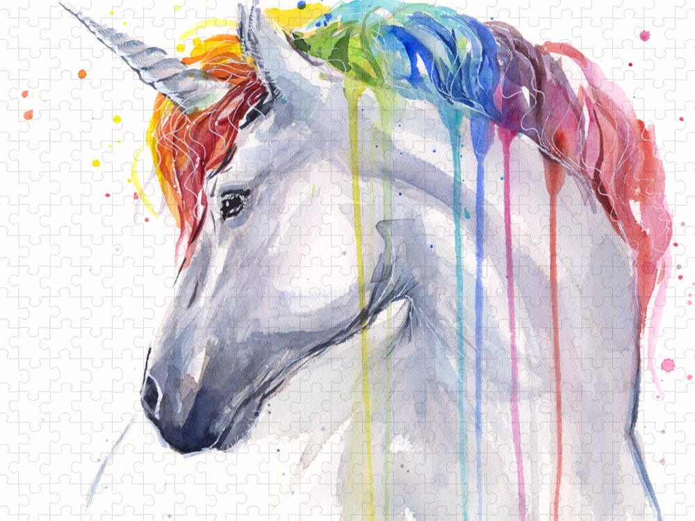 Magical Puzzle featuring the painting Unicorn Rainbow Watercolor by Olga Shvartsur