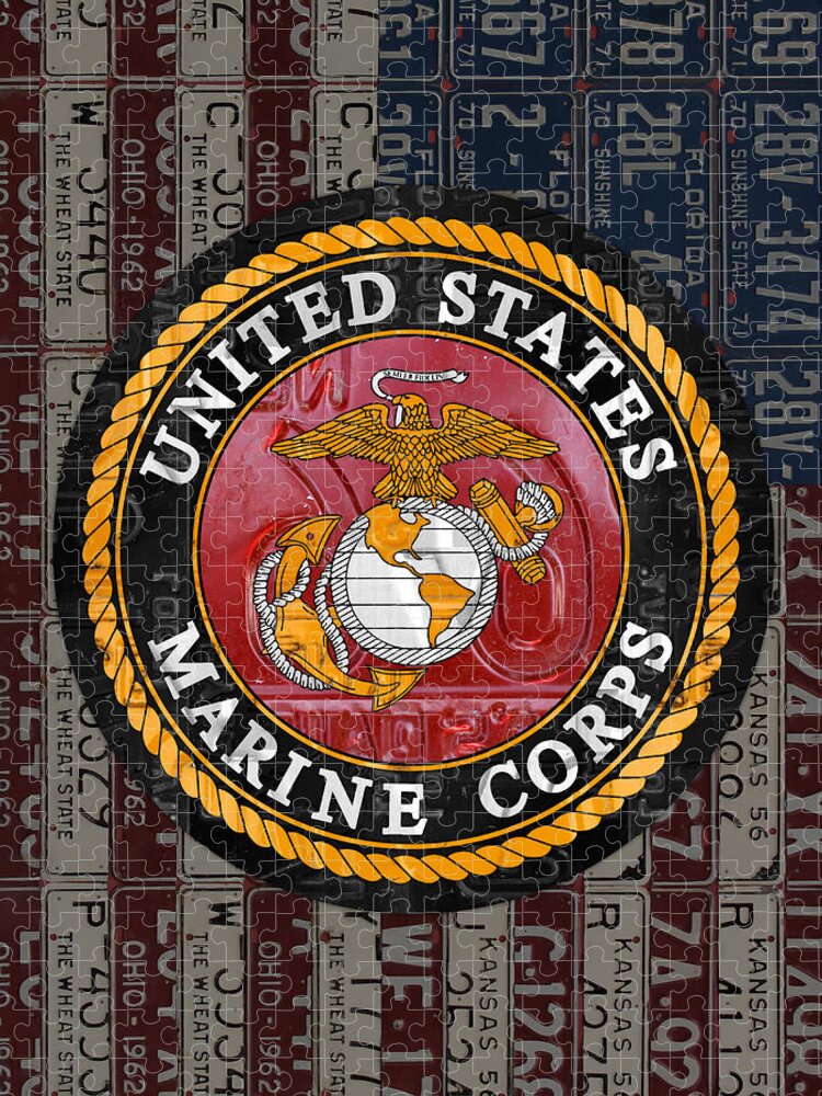 United States Jigsaw Puzzle featuring the mixed media United States Marine Corps Logo Vintage Recycled License Plate Art by Design Turnpike
