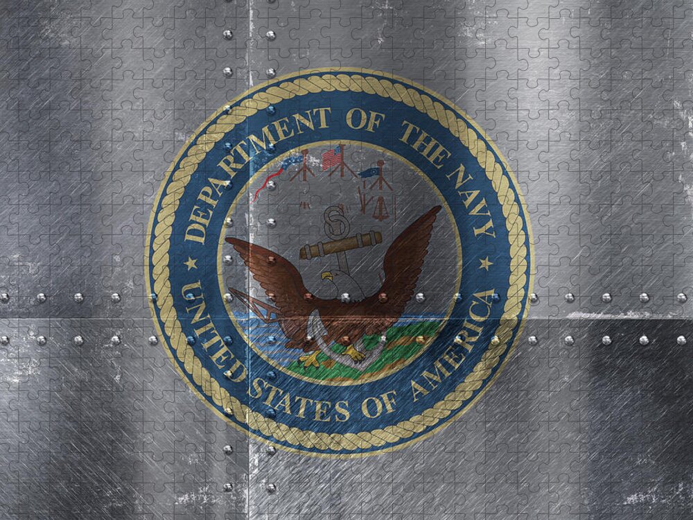 United States Jigsaw Puzzle featuring the mixed media United States Navy Logo on Riveted Steel Boat Side by Design Turnpike