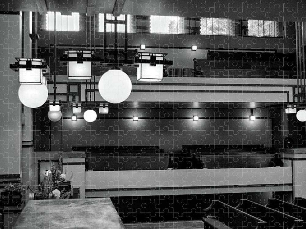 Architecture Jigsaw Puzzle featuring the photograph Unity Temple Interior Black and White by Jim Shackett
