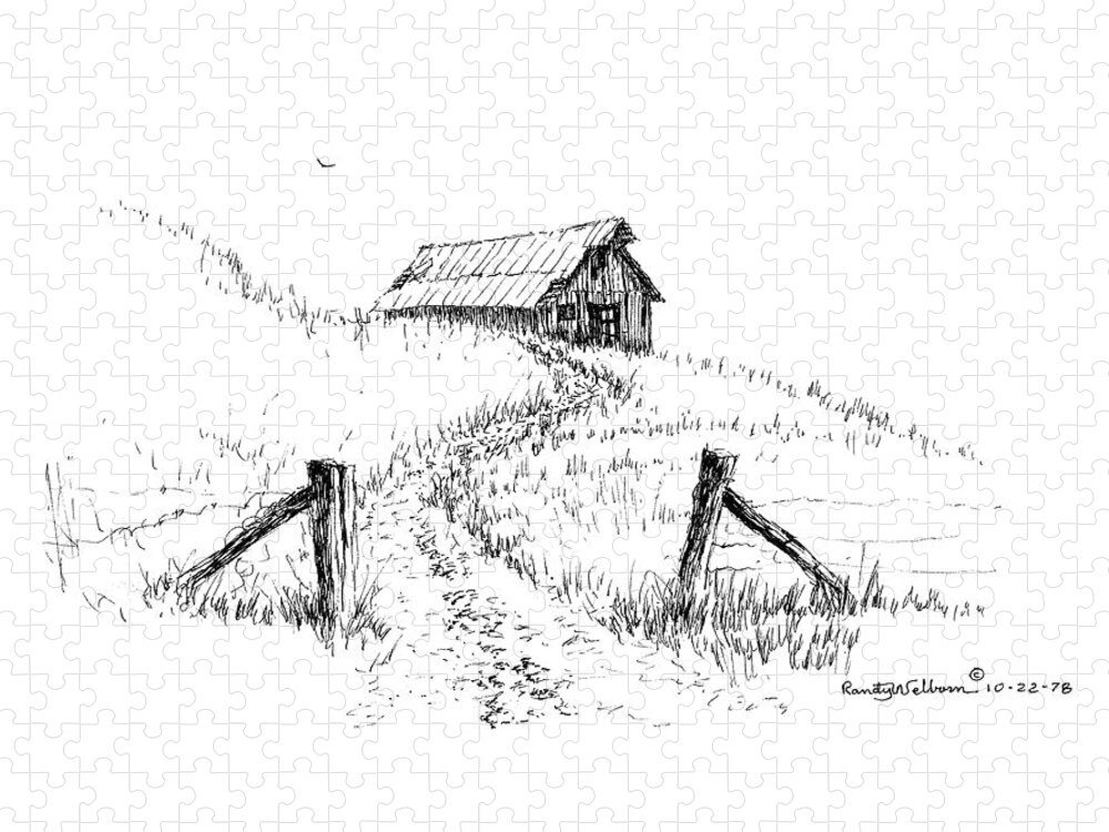 Hill Jigsaw Puzzle featuring the drawing Up the Hill to the Old Barn by Randy Welborn