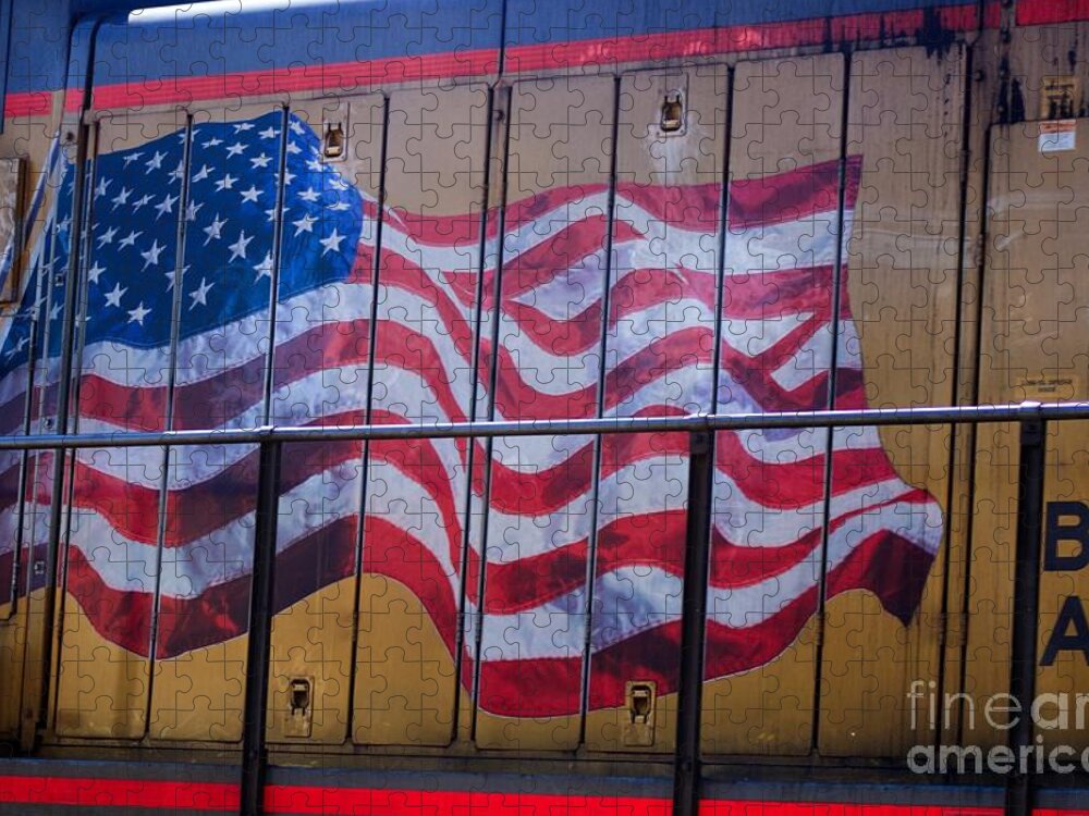 Flag Jigsaw Puzzle featuring the photograph US Flag on Side of Freight Engine by Thomas Marchessault