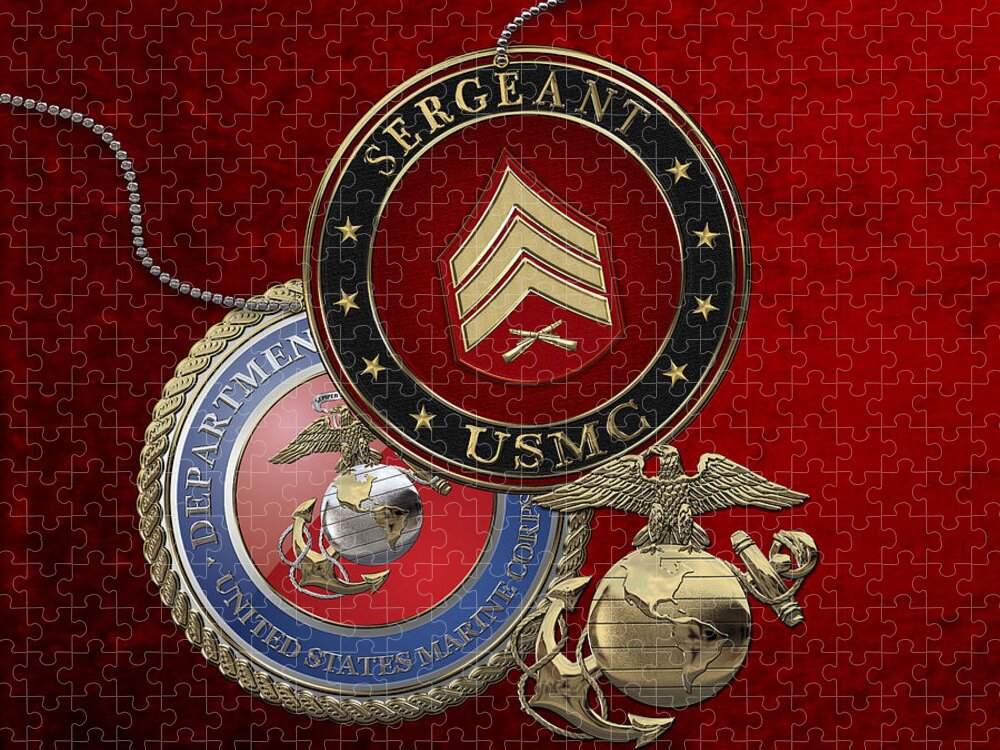 Military Insignia 3d By Serge Averbukh Jigsaw Puzzle featuring the digital art U. S. Marines Sergeant - U S M C Sgt Rank Insignia over Red Velvet by Serge Averbukh