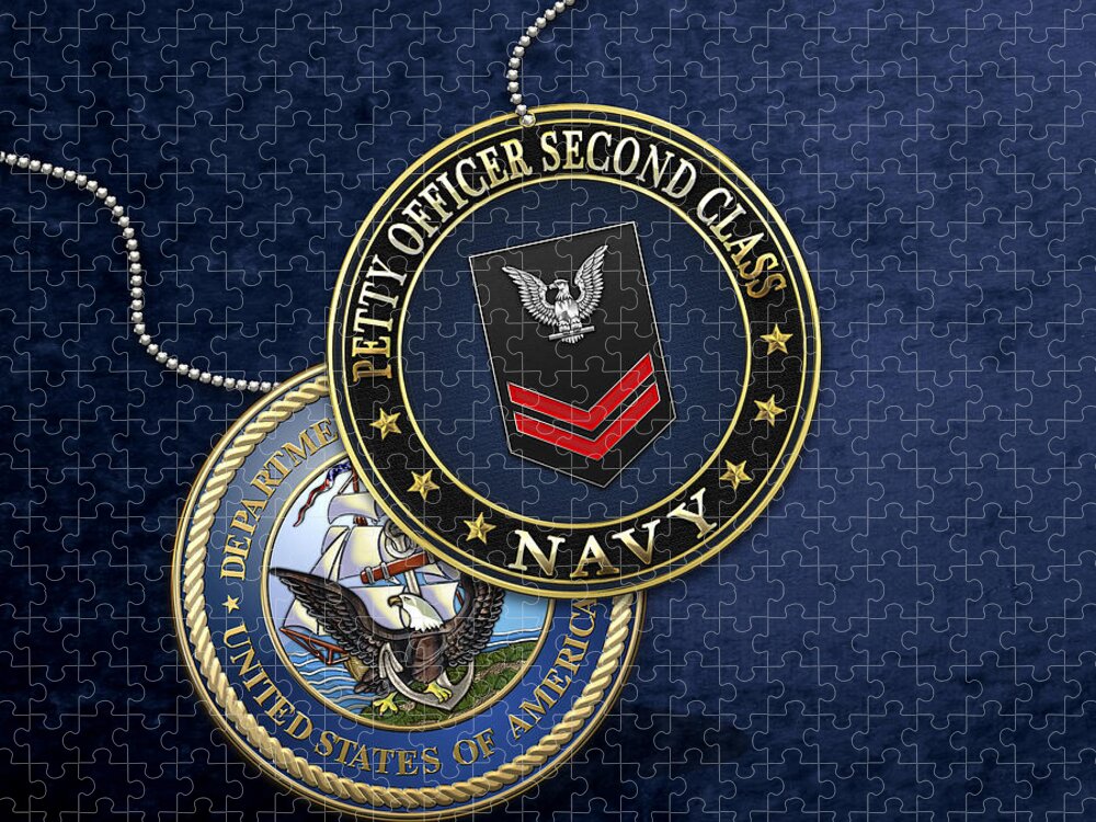 Military Insignia 3d By Serge Averbukh Jigsaw Puzzle featuring the digital art U.S. Navy Petty Officer Second Class - PO2 Rank Insignia over Blue Velvet by Serge Averbukh