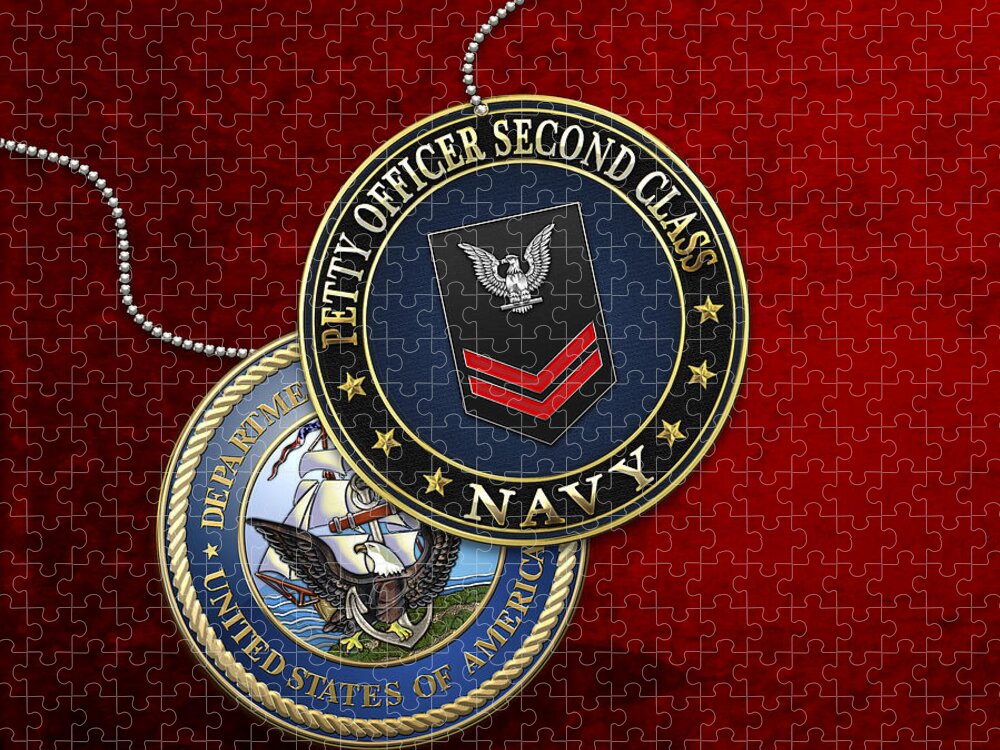 Military Insignia 3d By Serge Averbukh Jigsaw Puzzle featuring the digital art U.S. Navy Petty Officer Second Class - PO2 Rank Insignia over Red Velvet by Serge Averbukh