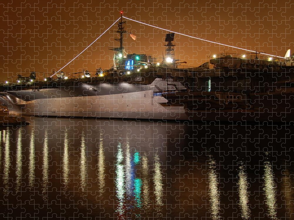 Uss Midway Landscape Night Photography Military Patriotic Long Exposure Jigsaw Puzzle featuring the photograph USS Midway by Kelly Wade