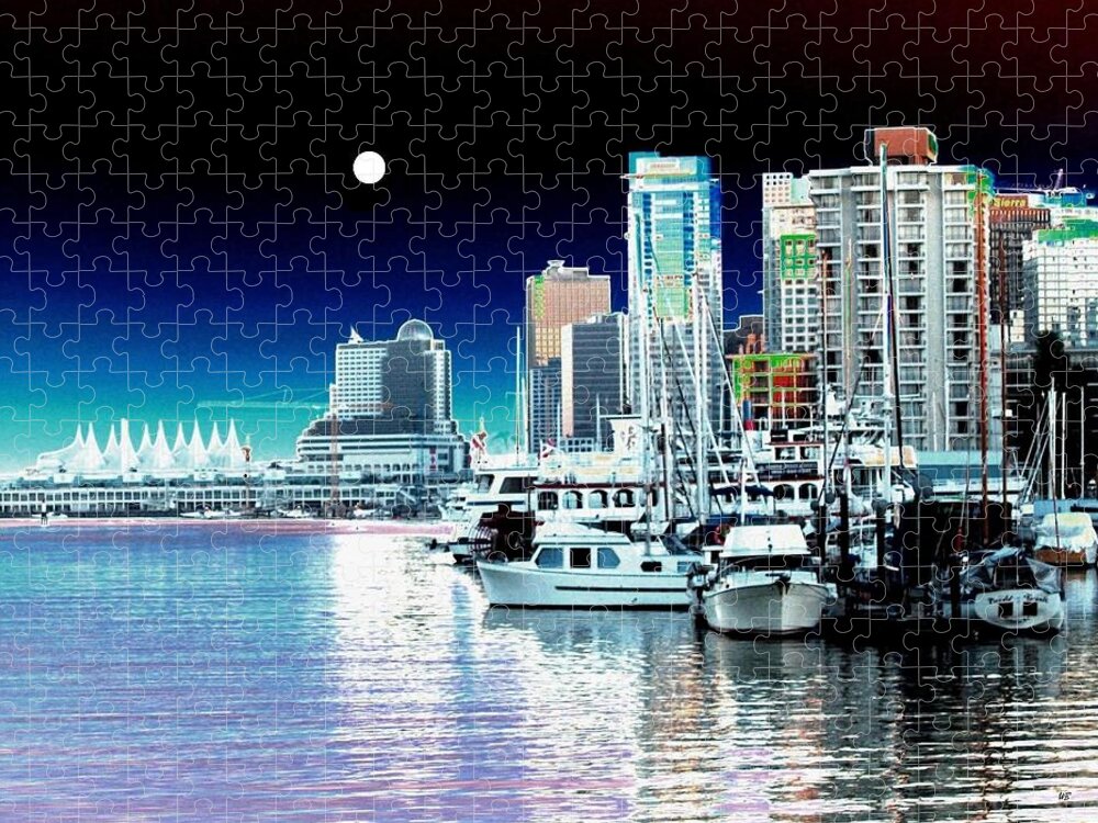 Vancouver Harbor Jigsaw Puzzle featuring the digital art Vancouver Harbor Moonrise by Will Borden