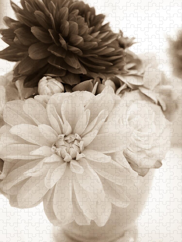 Dahlia Jigsaw Puzzle featuring the photograph Vase of Flowers in Sepia by Joni Eskridge