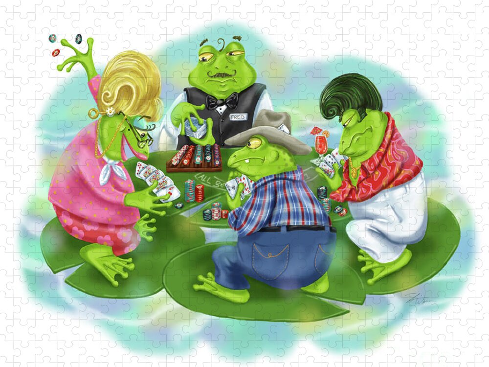 Frogs Jigsaw Puzzle featuring the mixed media Vegas Frogs Playing Poker by Shari Warren