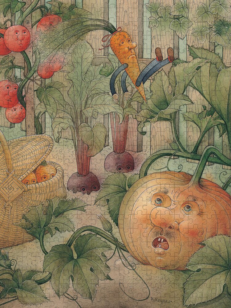 Vegetables Garden Green Autumn Kitchen Pumpkin Jigsaw Puzzle featuring the painting Vegetables by Kestutis Kasparavicius