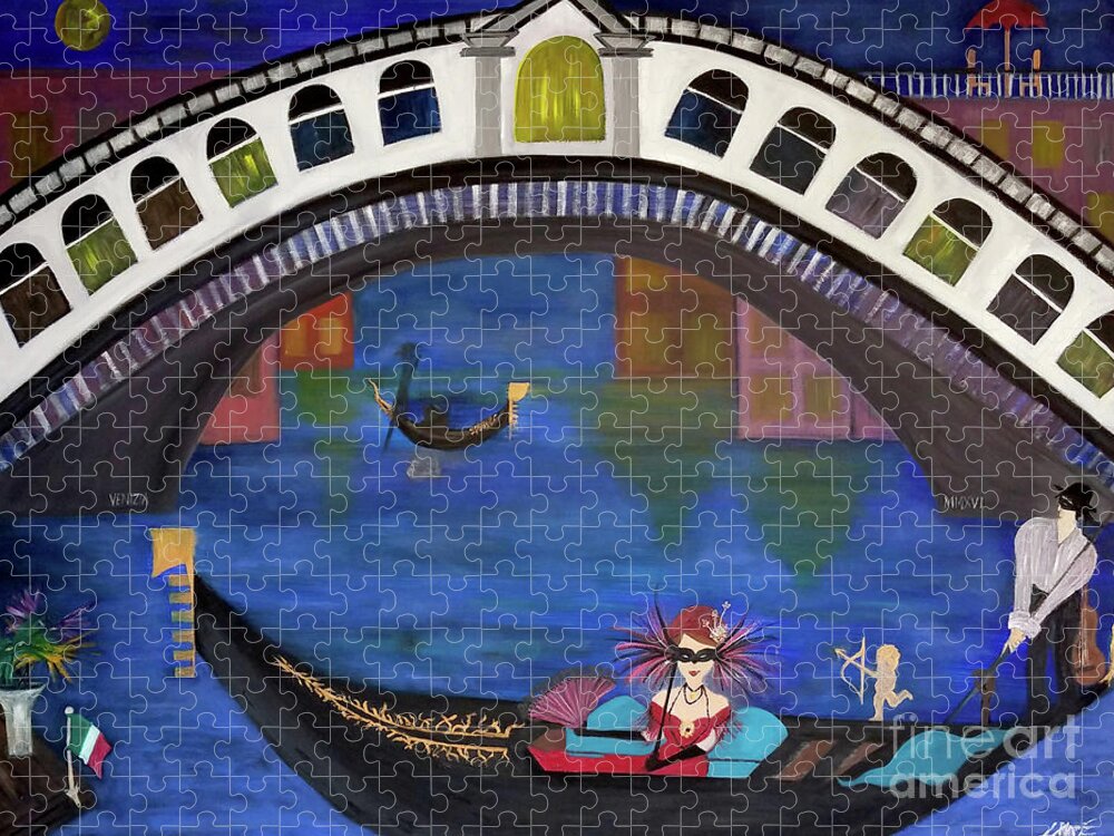 Gondola Jigsaw Puzzle featuring the painting Venice Gondola By Night by Artist Linda Marie