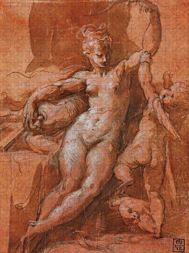 Parmigianino Jigsaw Puzzle featuring the drawing Venus Disarming Cupid by Parmigianino