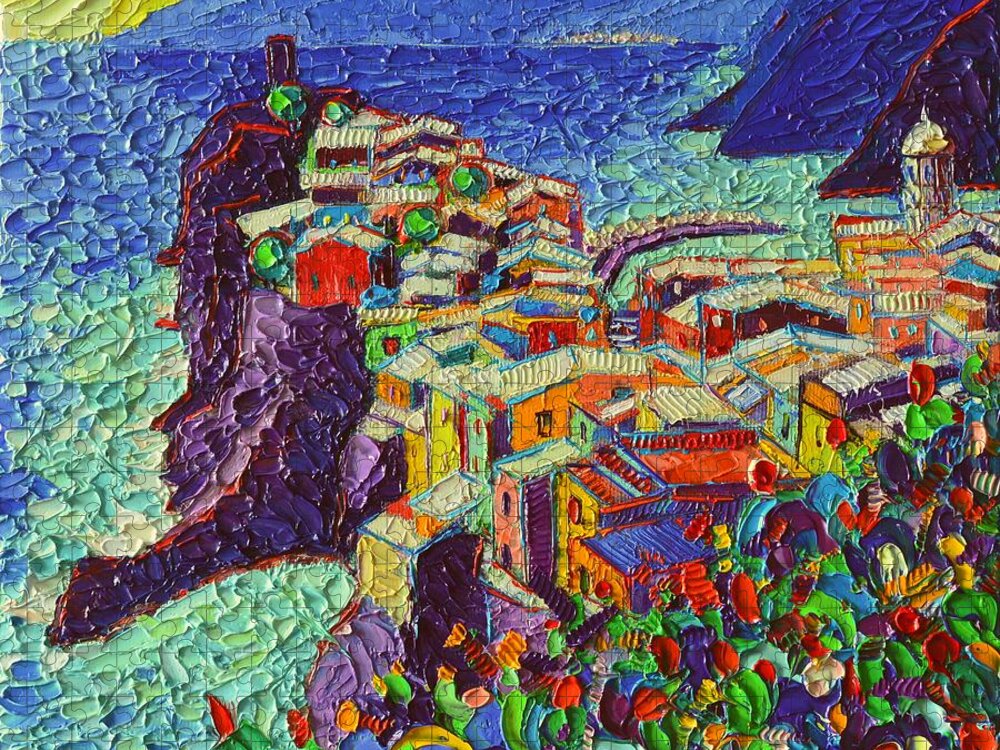 Vernazza Jigsaw Puzzle featuring the painting Vernazza Cinque Terre Italy 2 Modern Impressionist Palette Knife Oil Painting By Ana Maria Edulescu by Ana Maria Edulescu