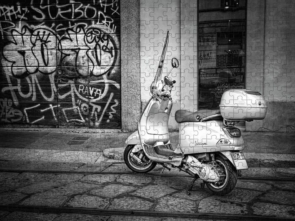 Vespa Jigsaw Puzzle featuring the photograph Vespa Scooter in Milan Italy in Black and White by Carol Japp