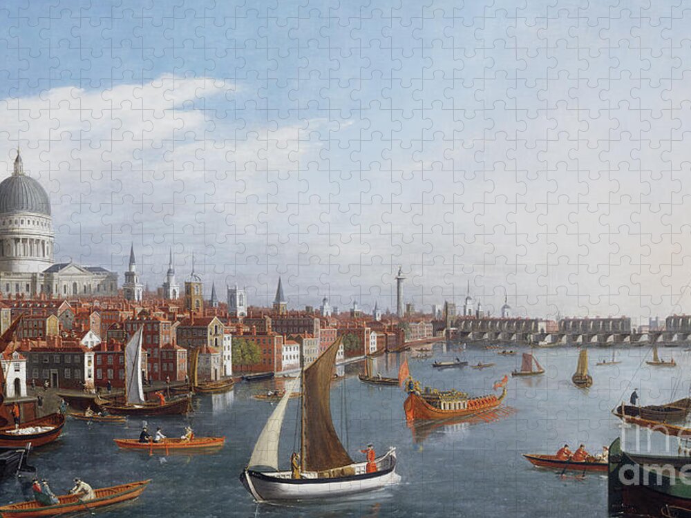 View The River Thames With Paul And Old London Bridge Jigsaw Puzzle featuring the painting View of the River Thames with St Paul's and Old London Bridge  by William James