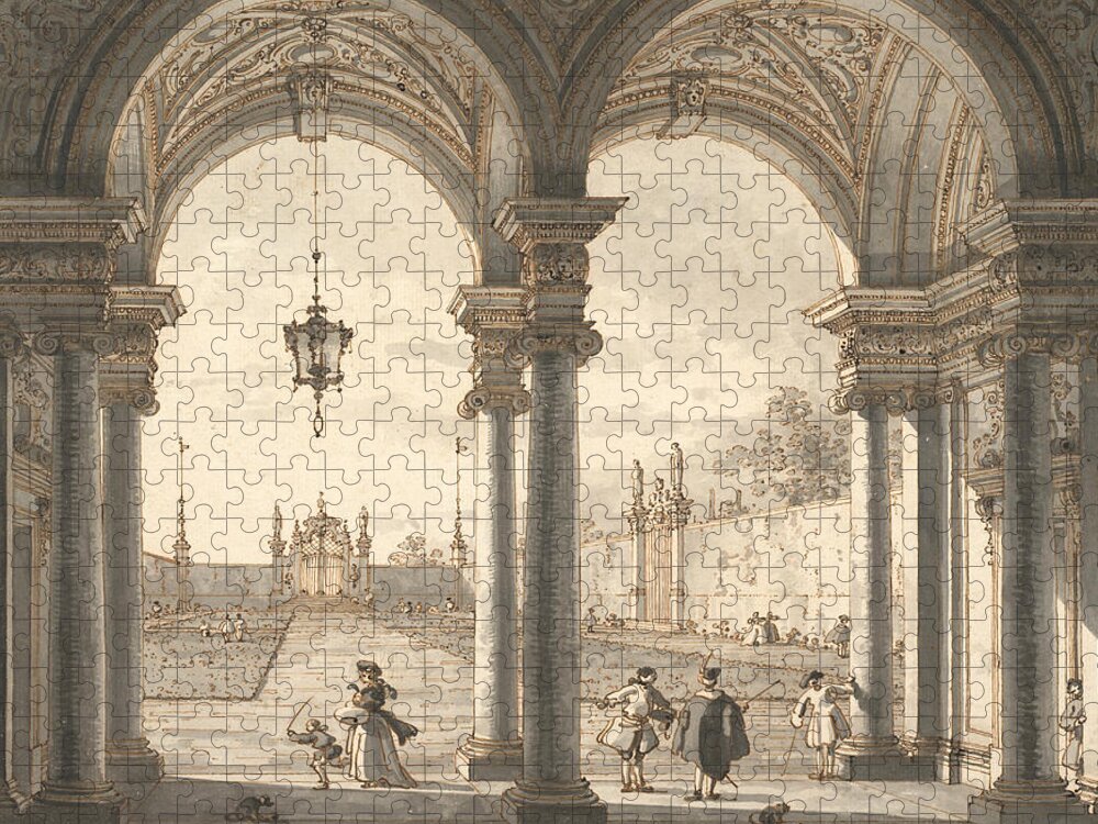 18th Century Art Jigsaw Puzzle featuring the drawing View through a Baroque Colonnade into a Garden by Canaletto