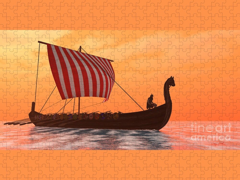 Viking Jigsaw Puzzle featuring the painting Viking Longship Ventures by Corey Ford