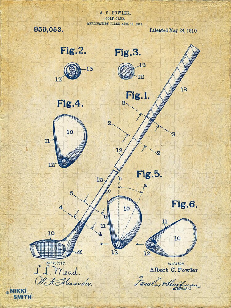 Golf Jigsaw Puzzle featuring the digital art Vintage 1910 Golf Club Patent Artwork by Nikki Marie Smith
