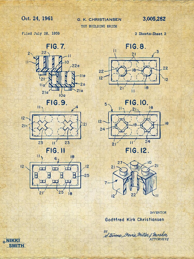 Toy Jigsaw Puzzle featuring the digital art Vintage 1961 LEGO Brick Patent Art by Nikki Marie Smith