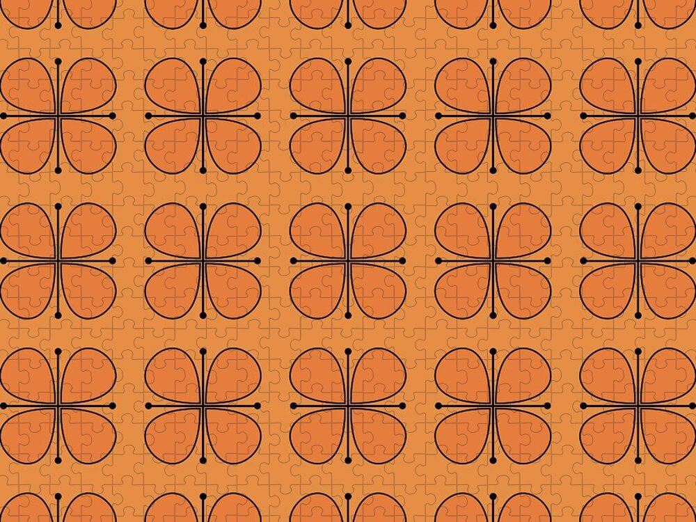 Mid Century Modern Jigsaw Puzzle featuring the digital art Vintage Floral in Orange by Donna Mibus