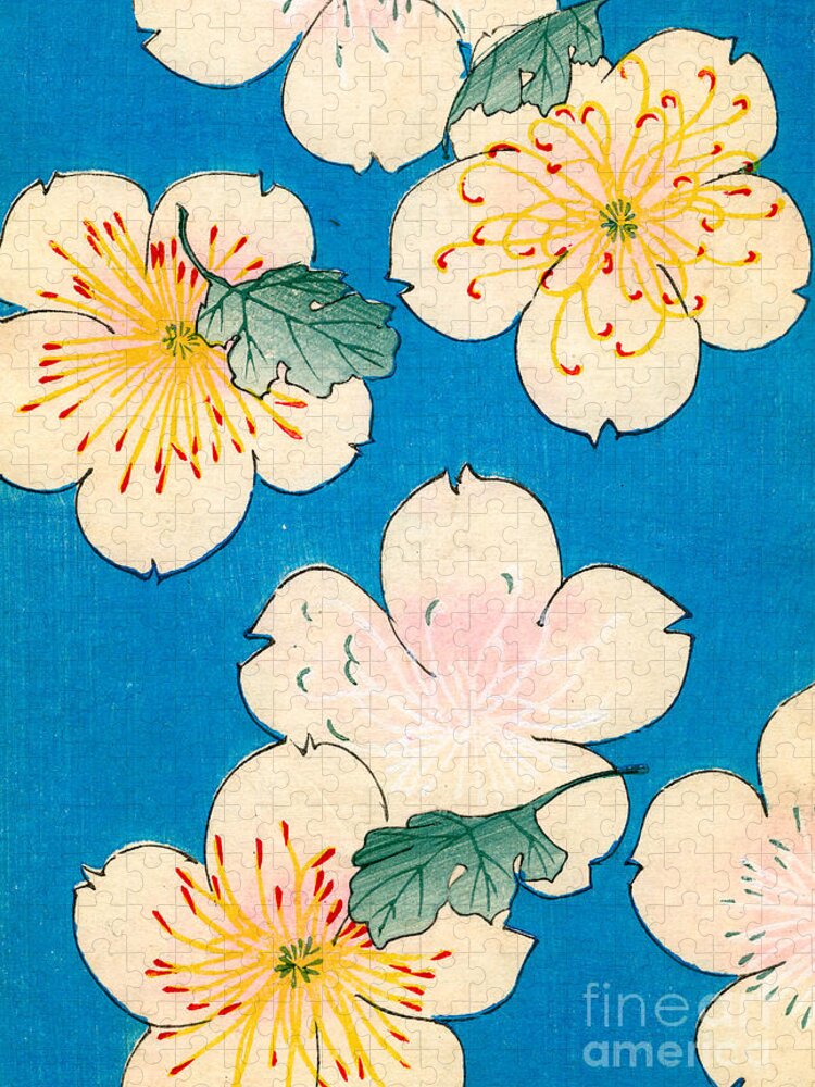 Flower Flowers Floral Petal Petals Blue Background Backdrop Lily Lilies Water Pond Leaf Leaves Green Blue And Cream Dogwood Blossom Blossoms Blossoming Japanese Japan Art Fine Art Asia Asian Woodblock Pattern Patterns Design Textile Designs Textiles Motif Arrangement Motif Style Decor Decorative Motifs Chintz Cushions Cushion Pillow Pillows Duvet Cover Covers Tote Totes Bag Iphone Case Phone Case Far East Eastern East Oriental Vintage Jigsaw Puzzle featuring the painting Vintage Japanese illustration of dogwood blossoms by Japanese School