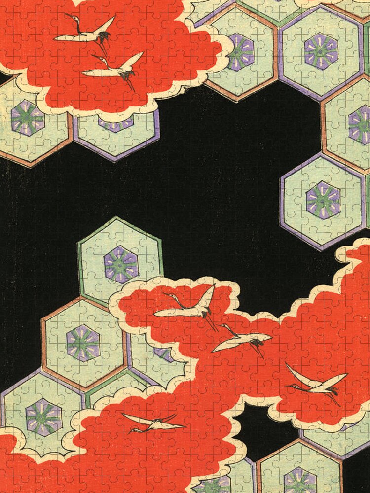 Pattern Jigsaw Puzzle featuring the painting Vintage Japanese illustration of red clouds and flying cranes in an abstract landscape by Japanese School