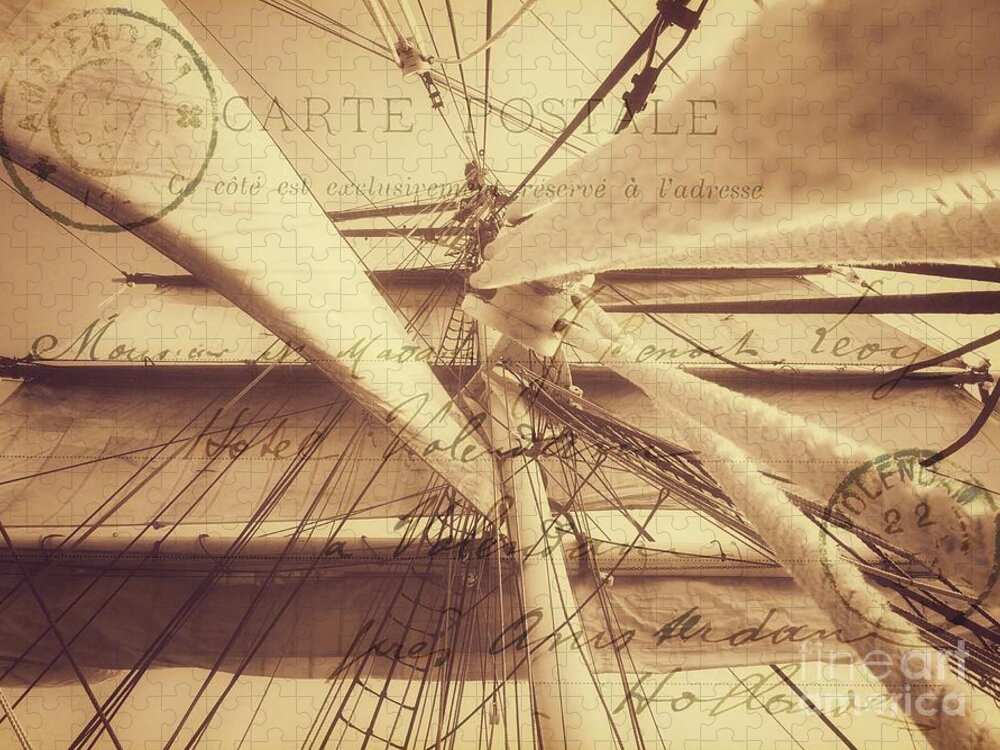 Nautical Jigsaw Puzzle featuring the photograph Vintage Nautical Sailing Typography in Sepia by Leah McPhail