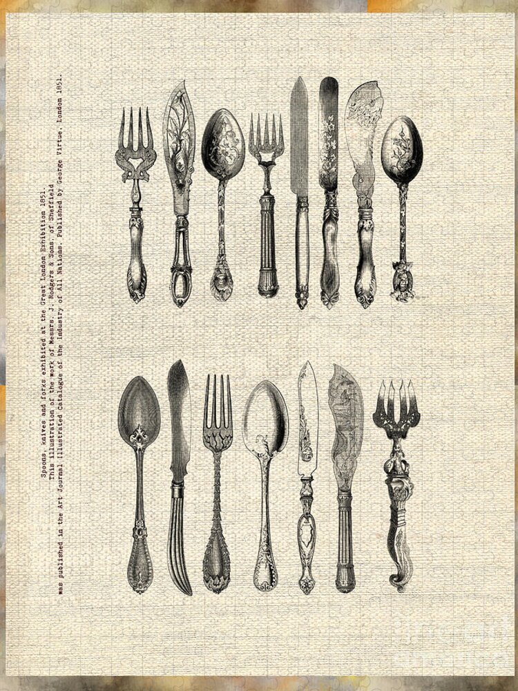 Vintage Jigsaw Puzzle featuring the drawing Vintage Silverware by Ariadna De Raadt