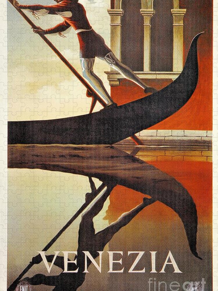 Venice Jigsaw Puzzle featuring the digital art Vintage Venice Italy travel advert gondola by Heidi De Leeuw