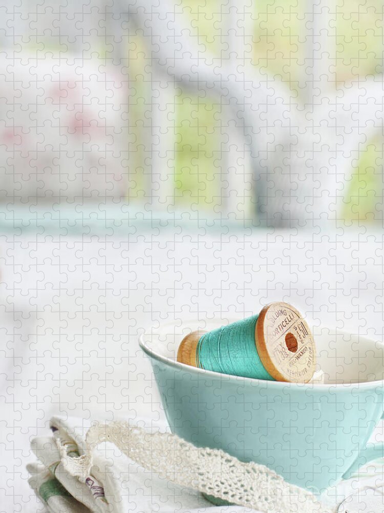 Vintage Jigsaw Puzzle featuring the photograph Vintage Wooden Spools of Thread in Vintage Tea Cup by Stephanie Frey