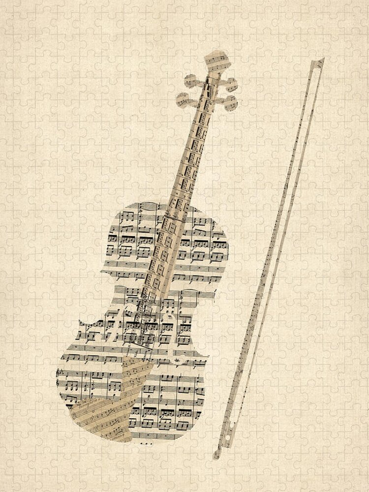 Violin Puzzle featuring the digital art Violin Old Sheet Music by Michael Tompsett