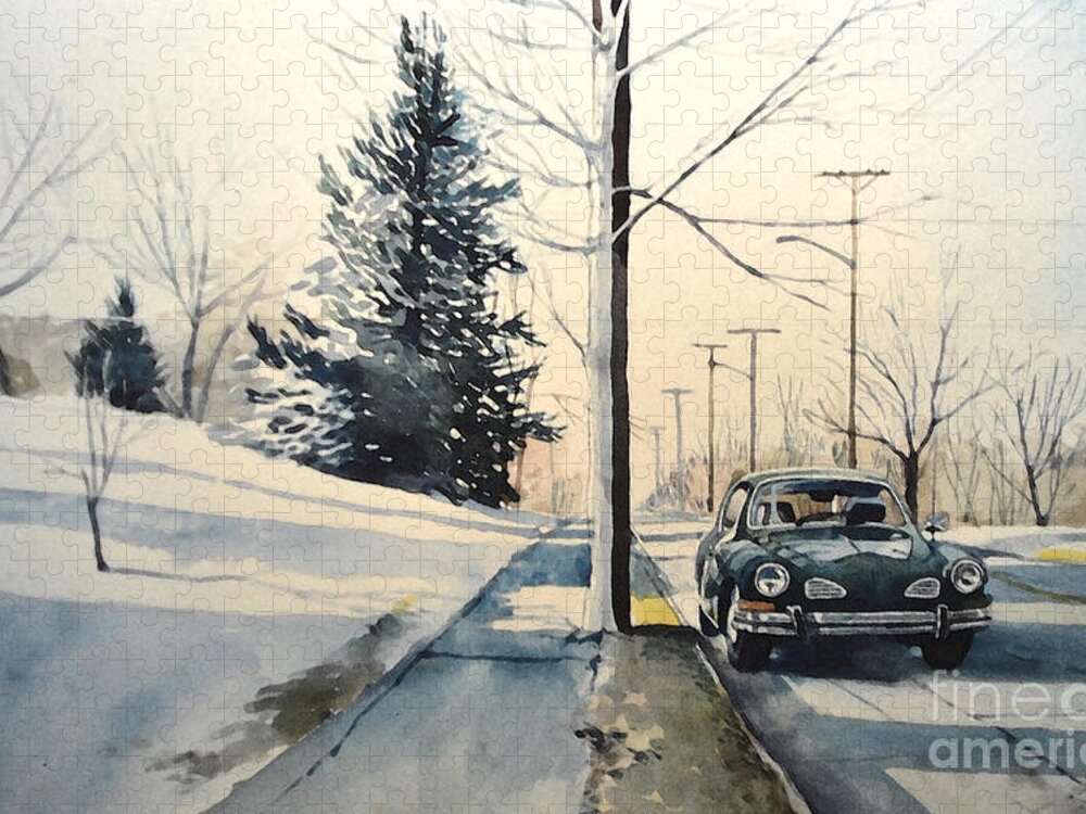 Volkswagen Jigsaw Puzzle featuring the painting Volkswagen Karmann Ghia on snowy road by Christopher Shellhammer