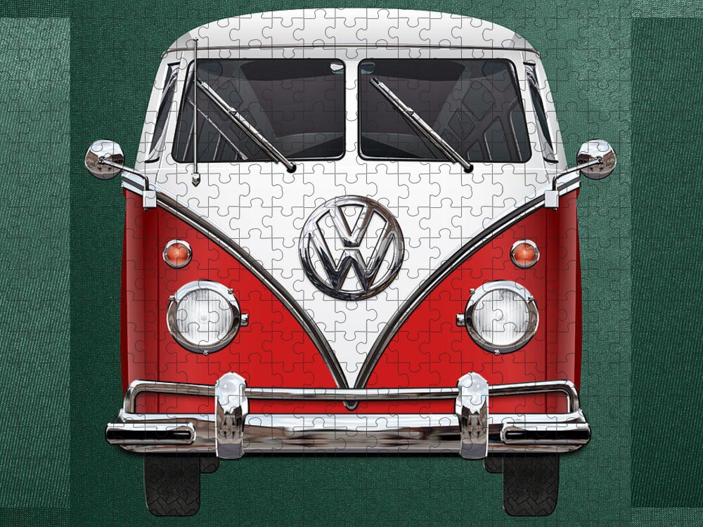 'volkswagen Type 2' Collection By Serge Averbukh Jigsaw Puzzle featuring the digital art Volkswagen Type 2 - Red and White Volkswagen T 1 Samba Bus over Green Canvas by Serge Averbukh