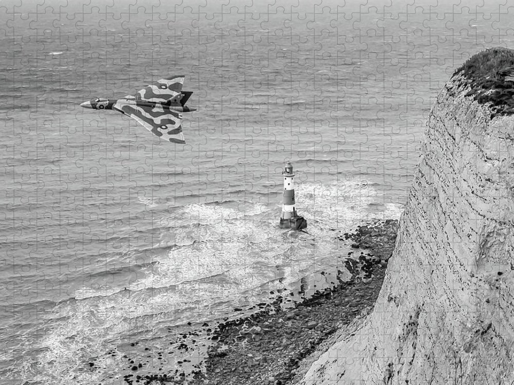 Avro Vulcan Jigsaw Puzzle featuring the photograph Vulcan passing Beachy Head BW version by Gary Eason