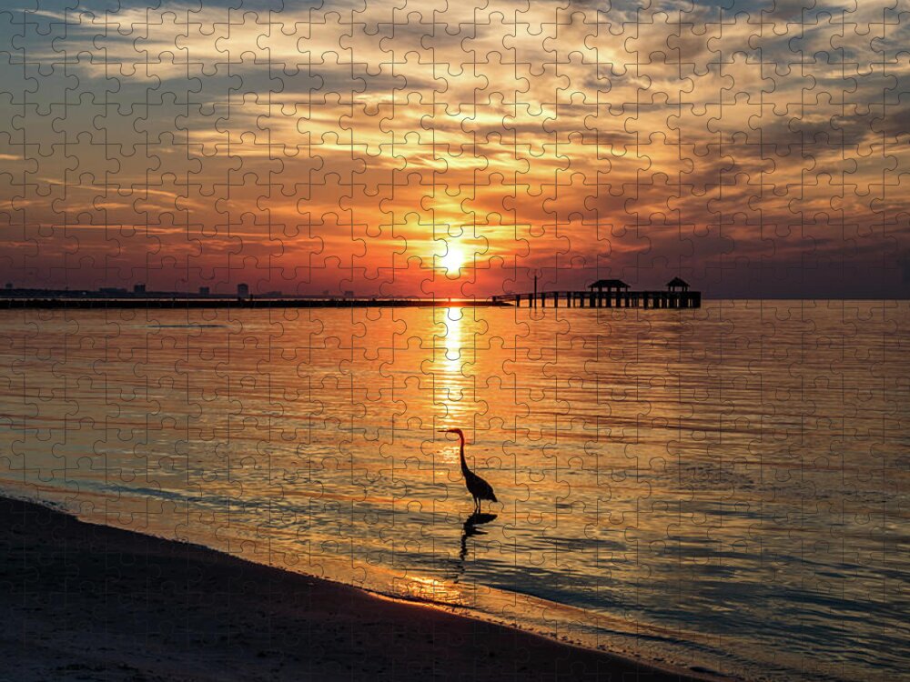 Shorebirds Jigsaw Puzzle featuring the photograph Wading Heron At Sunrise by JASawyer Imaging