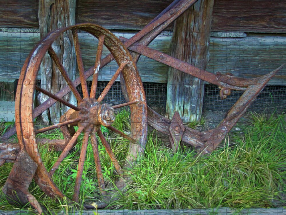 Farm Jigsaw Puzzle featuring the photograph Wagon Wheel and Fence by David and Carol Kelly