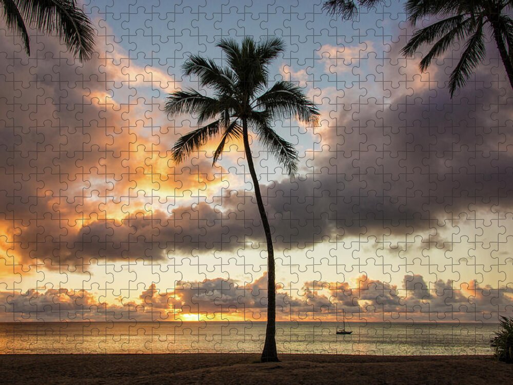 Waimea Beach Palm Tree Trees Sunset North Shore Oahu Hawaii Hi Seascape Jigsaw Puzzle featuring the photograph Waimea Beach Sunset - Oahu Hawaii by Brian Harig