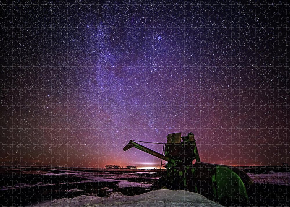 Astroscape Skyscape Night Stars Milky Way Landscape Starscape Combine Harvester Nd Snow Winter Orion North Dakota Cold Purple Green John Deere Jigsaw Puzzle featuring the photograph Waiting for Next Harvest by Peter Herman