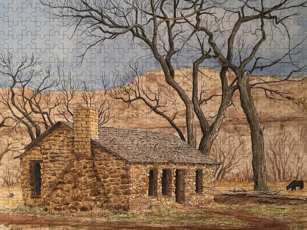 Cabin Jigsaw Puzzle featuring the painting Walker Homestead in Escalante Canyon by Rick Adleman