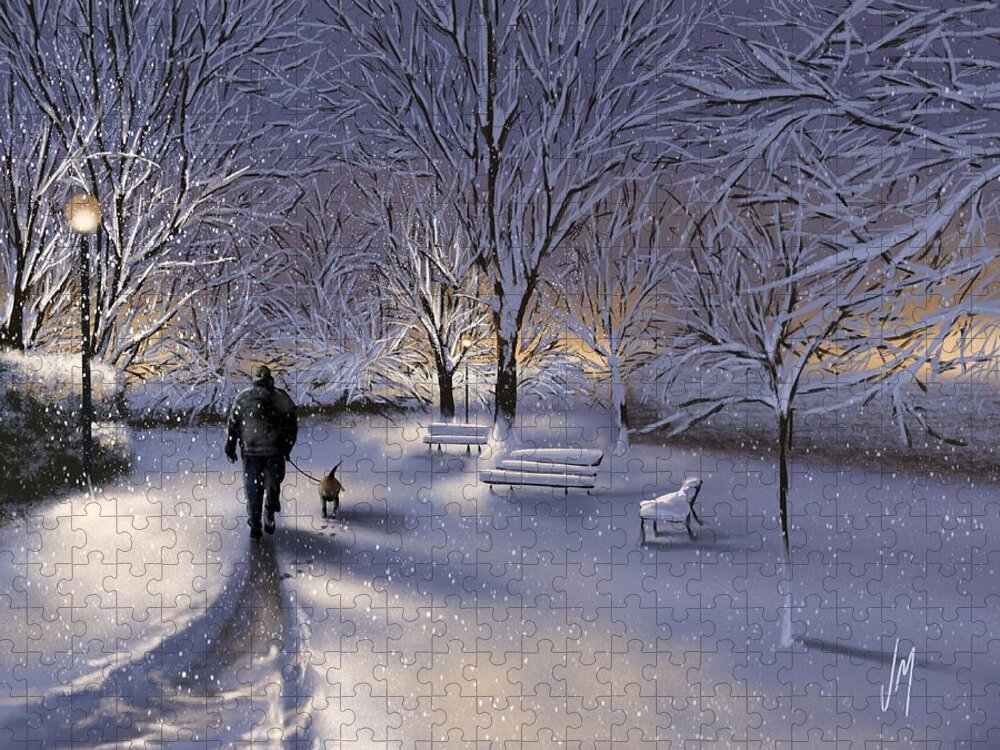 Snow Jigsaw Puzzle featuring the painting Walking in the snow by Veronica Minozzi