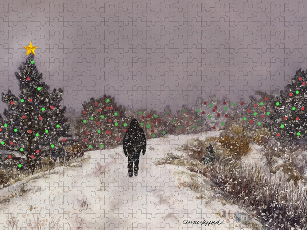 Snowy Painting Jigsaw Puzzle featuring the painting Walking Into the Light by Anne Gifford