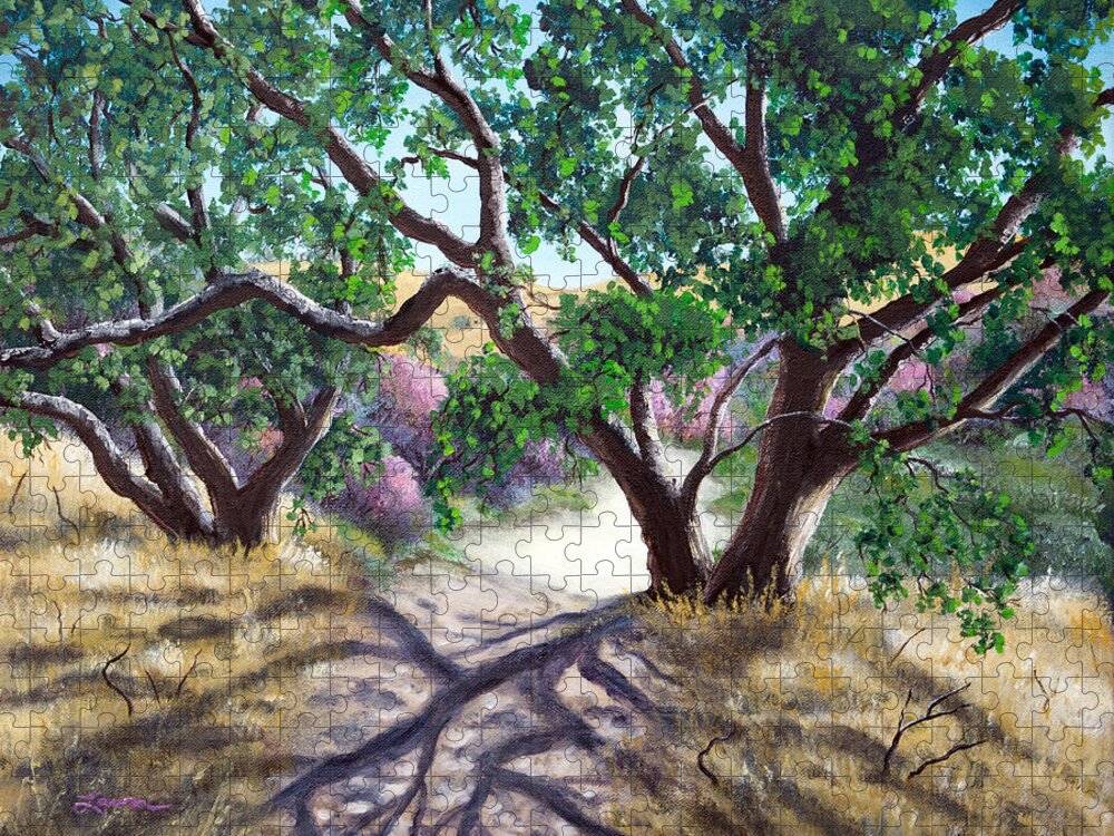 Laura Milnor Iverson Jigsaw Puzzle featuring the painting Walking Through the Oak Trees on a Sunny Day by Laura Iverson
